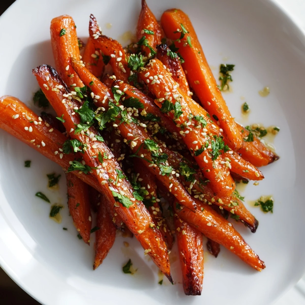 Roasted carrots with honey glaze caramelize at the edges, served warm alongside a main dish.