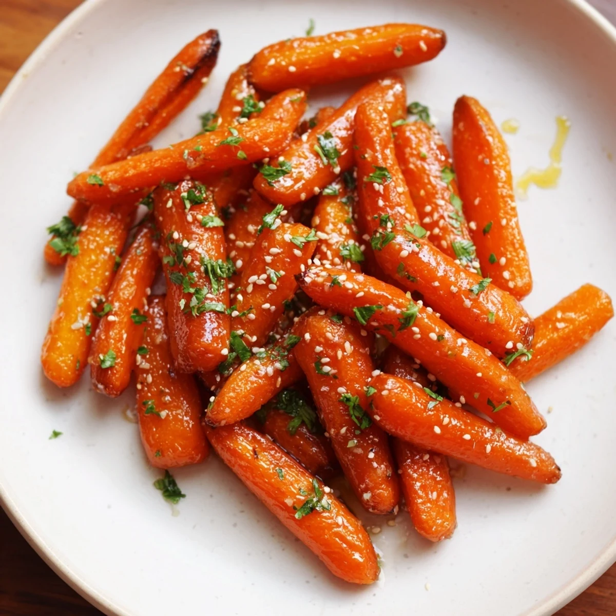 Golden roasted carrots with honey glaze shine under kitchen lighting, garnished with parsley for a fresh finish.