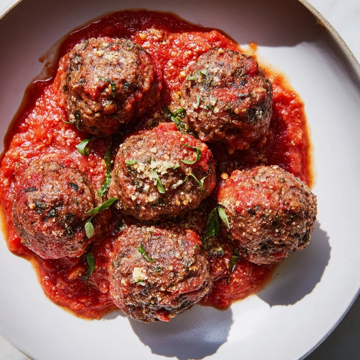 Perfectly browned beef meatballs nestled in rich marinara sauce with basil.