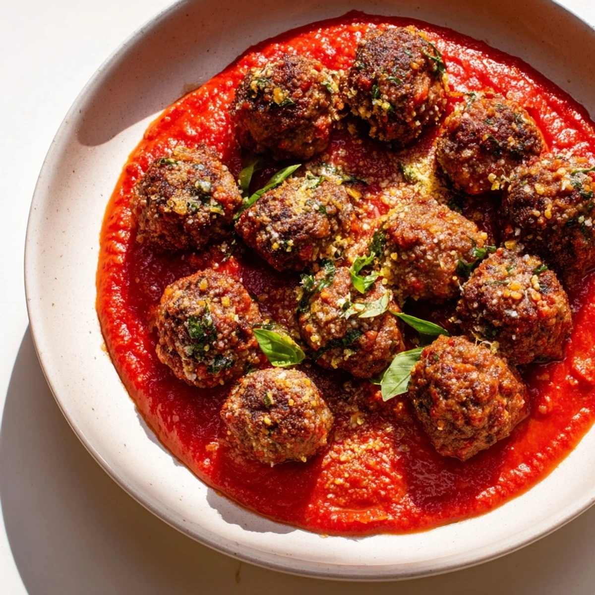 Steaming beef meatballs in homemade marinara sauce served over pasta.