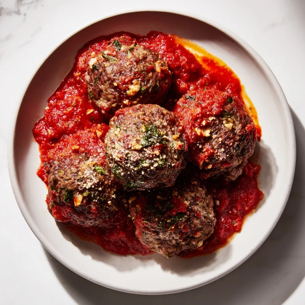 Homemade marinara sauce with tender beef meatballs garnished with fresh basil.