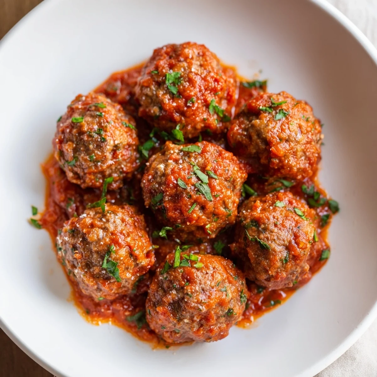 In a white bowl, tender beef meatballs in rich marinara sauce, served over a bed of spaghetti.