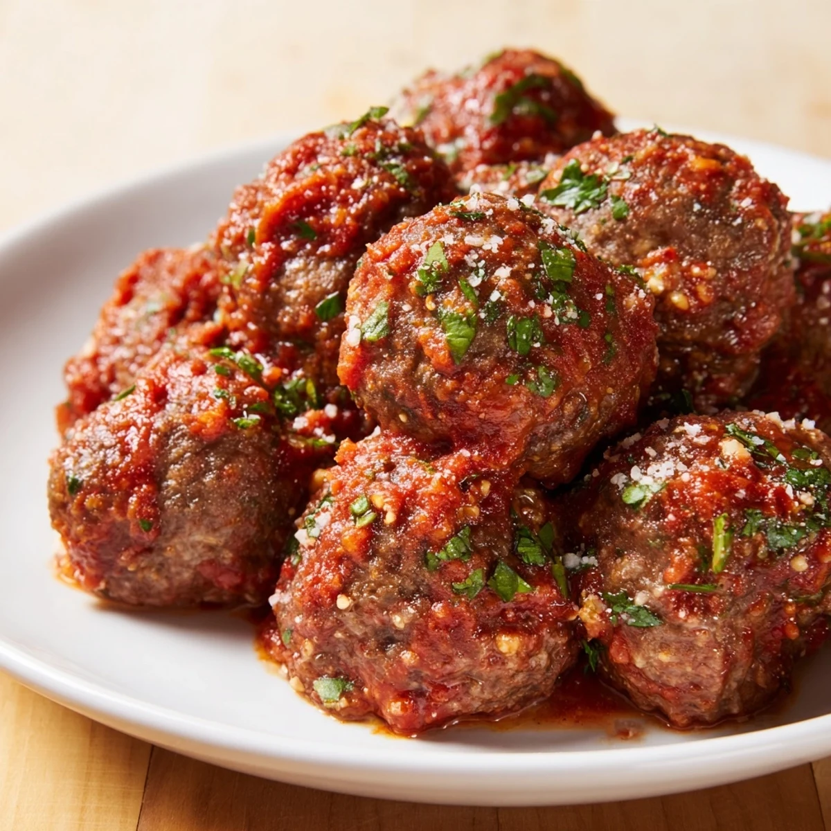 A rustic skillet showcases savory beef meatballs simmering in thick, homemade marinara, ready for crusty bread.