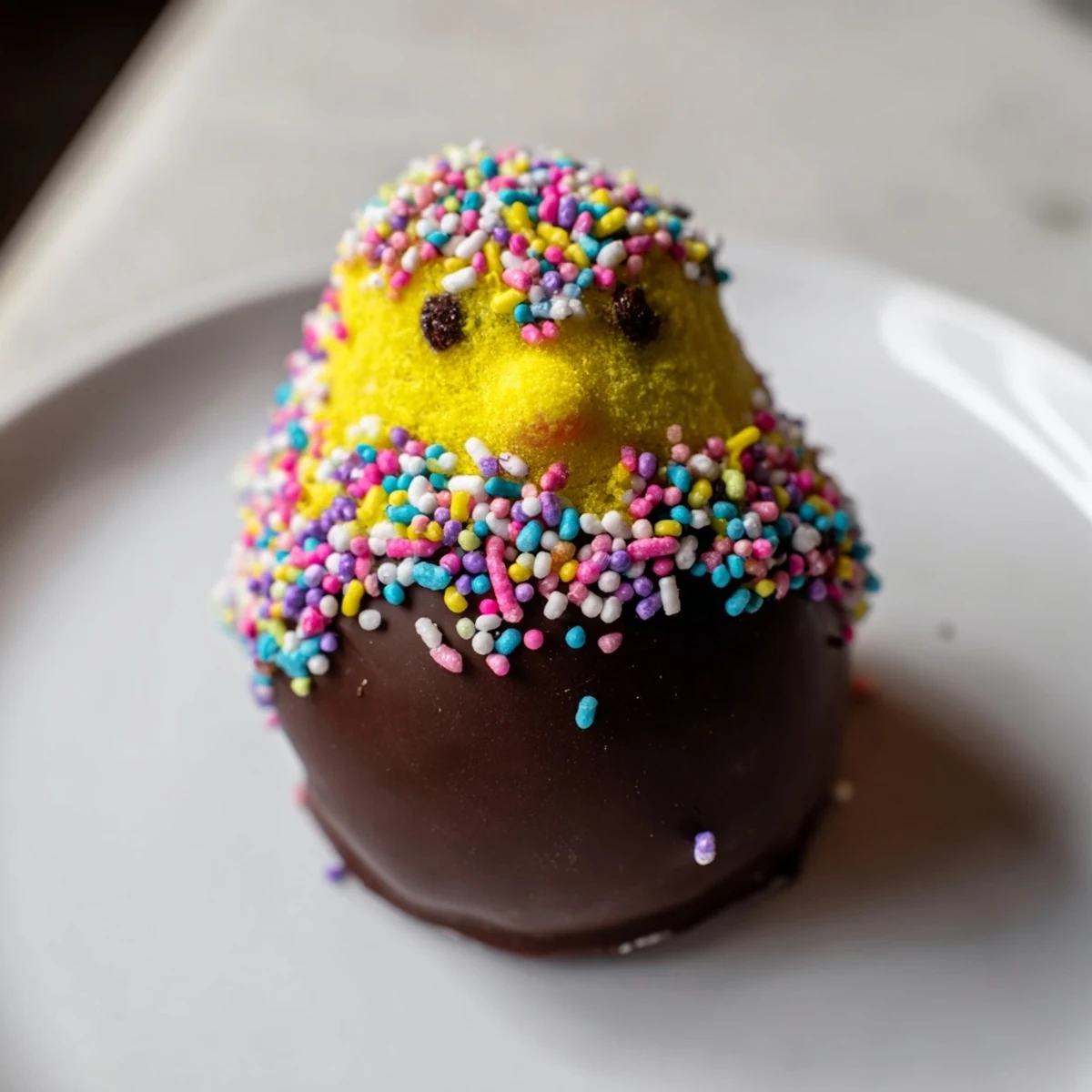 Festive Chocolate Covered Marshmallow Peeps arranged on a cooling rack, sprinkled with crushed nuts and colorful sugar for a sweet treat.