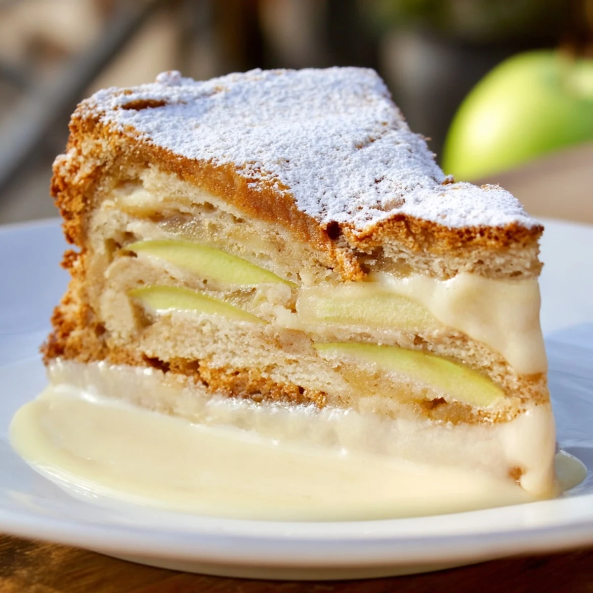 A slice of warm Irish Apple Cake with silky custard drizzled over tender spiced apples on a dessert plate.