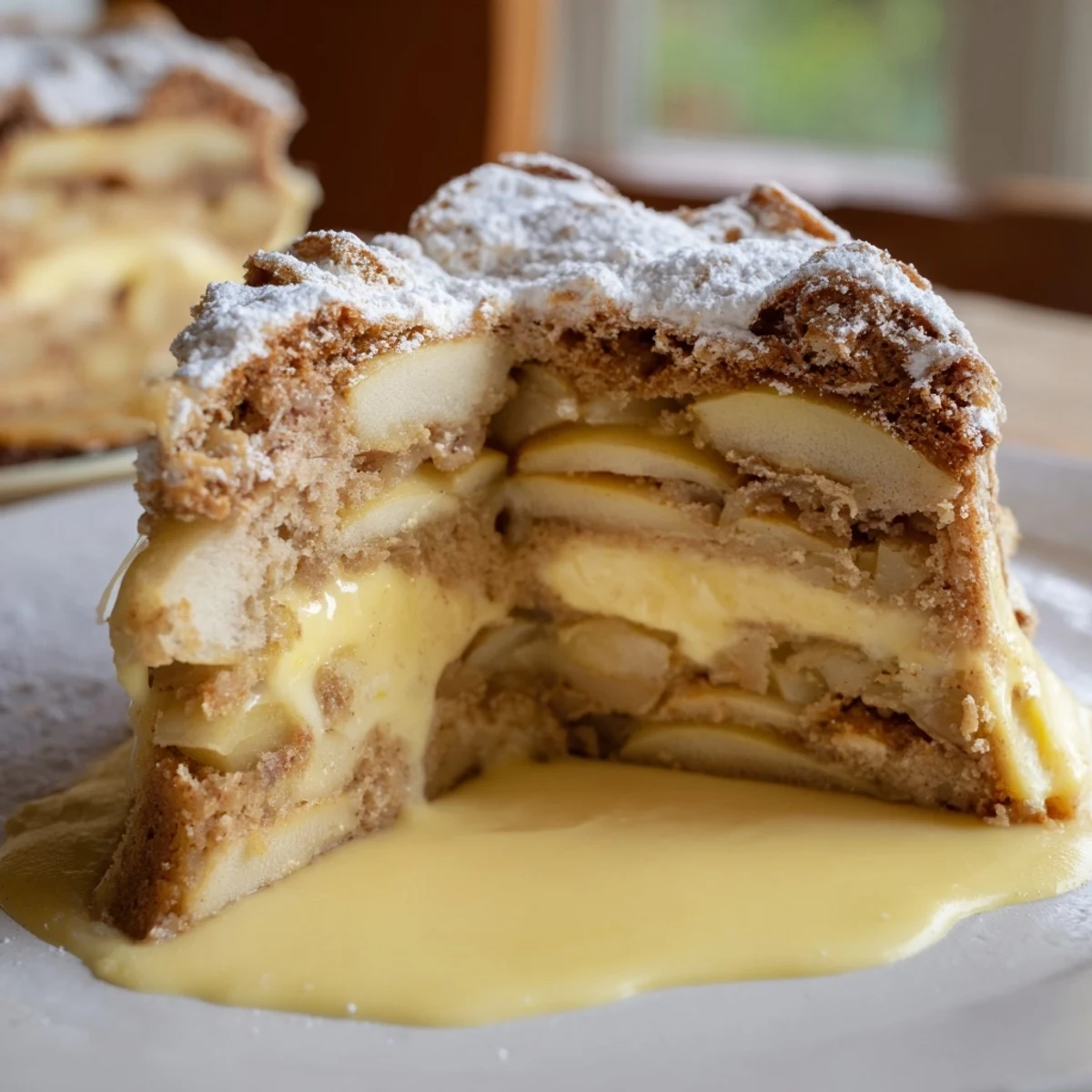 Freshly baked Irish Apple Cake with sliced apples and cinnamon, served with warm vanilla custard for dessert.