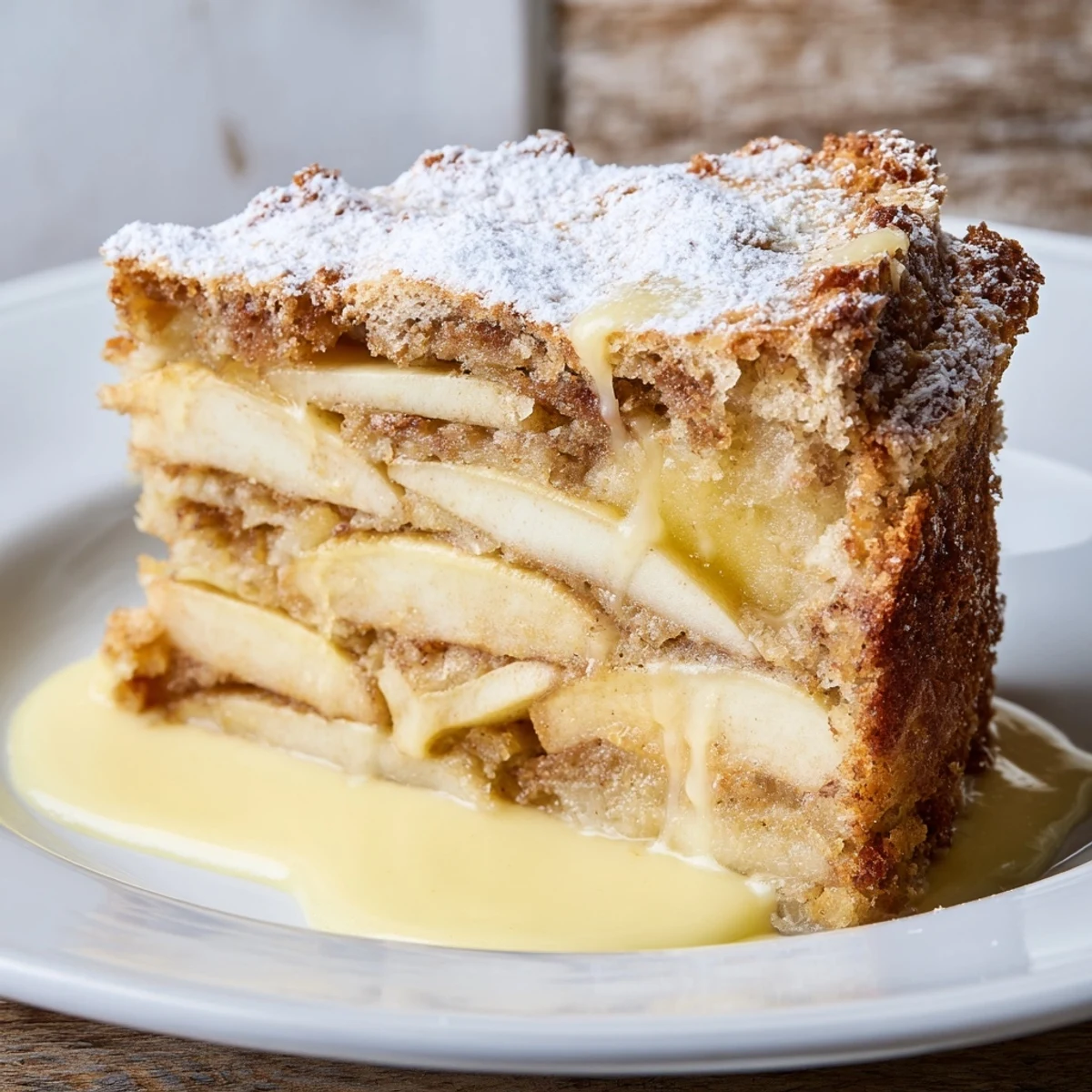Golden-brown Irish Apple Cake with creamy custard in a white bowl, topped with a dusting of powdered sugar.