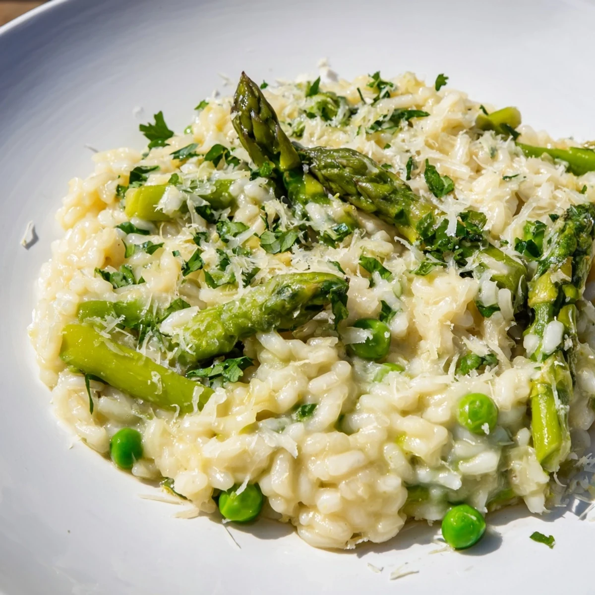A close-up of Spring Pea and Asparagus Risotto in a white bowl, garnished with fresh herbs and shaved Parmesan.