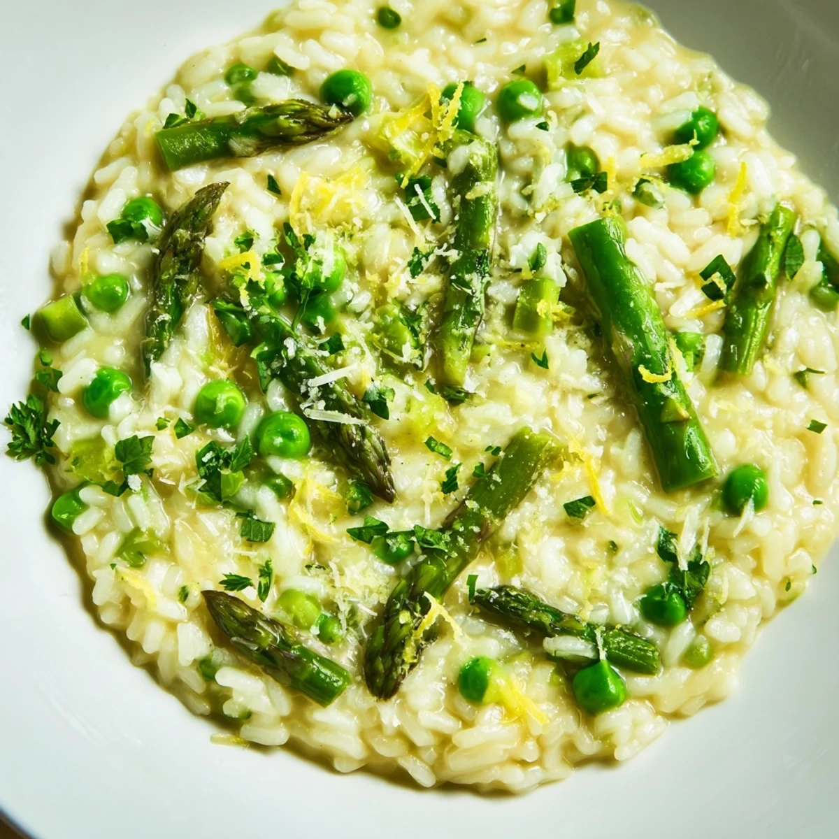 Spring Pea and Asparagus Risotto served steaming in a rustic skillet with lemon zest and parsley on top.