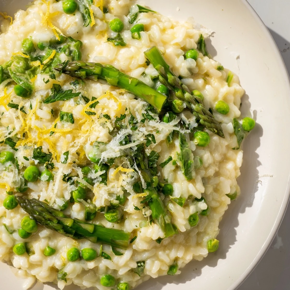 Vibrant Spring Pea and Asparagus Risotto in a shallow bowl, showing creamy texture with peas and asparagus spears.