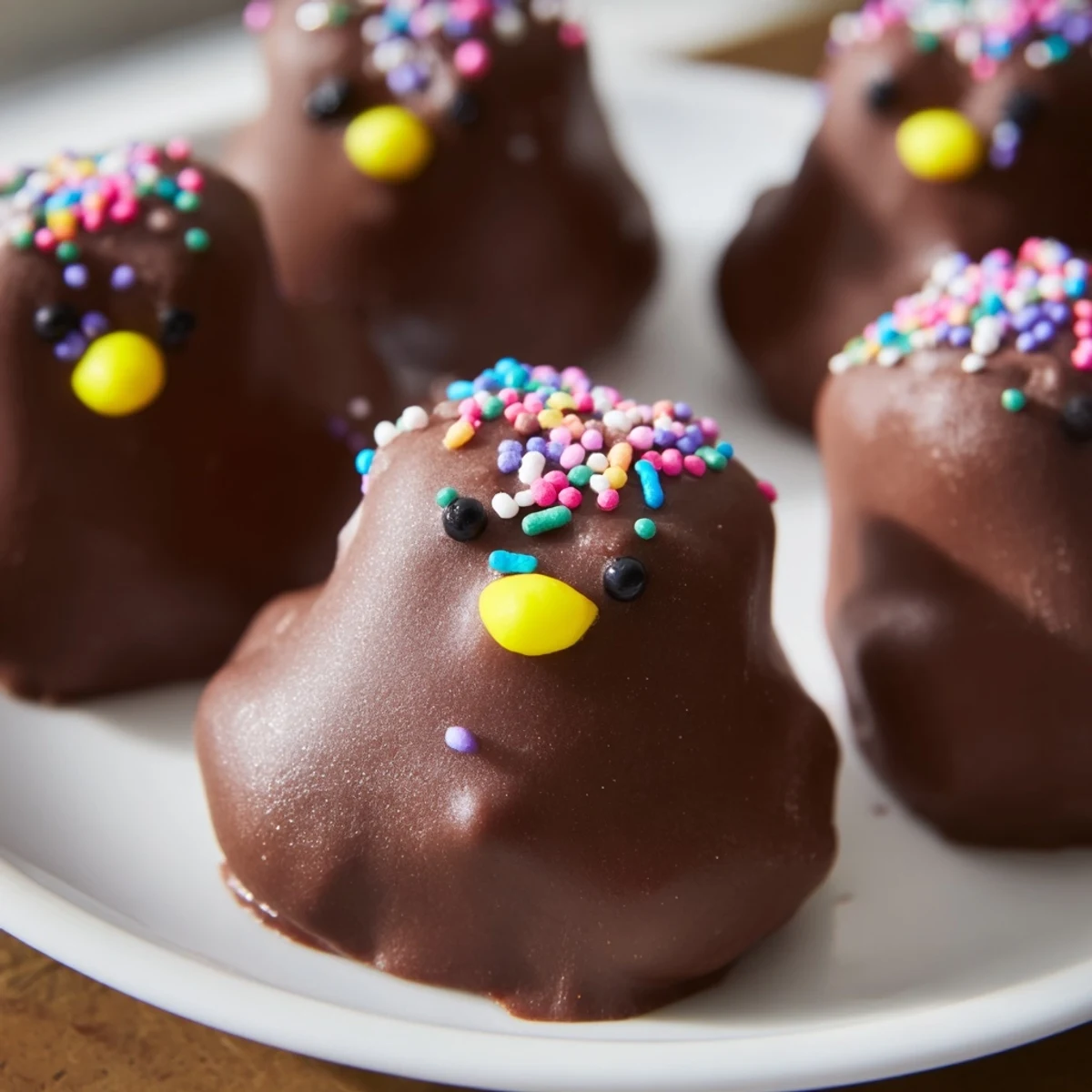 Coated Chocolate Covered Marshmallow Peeps with rich chocolate and festive sprinkles.