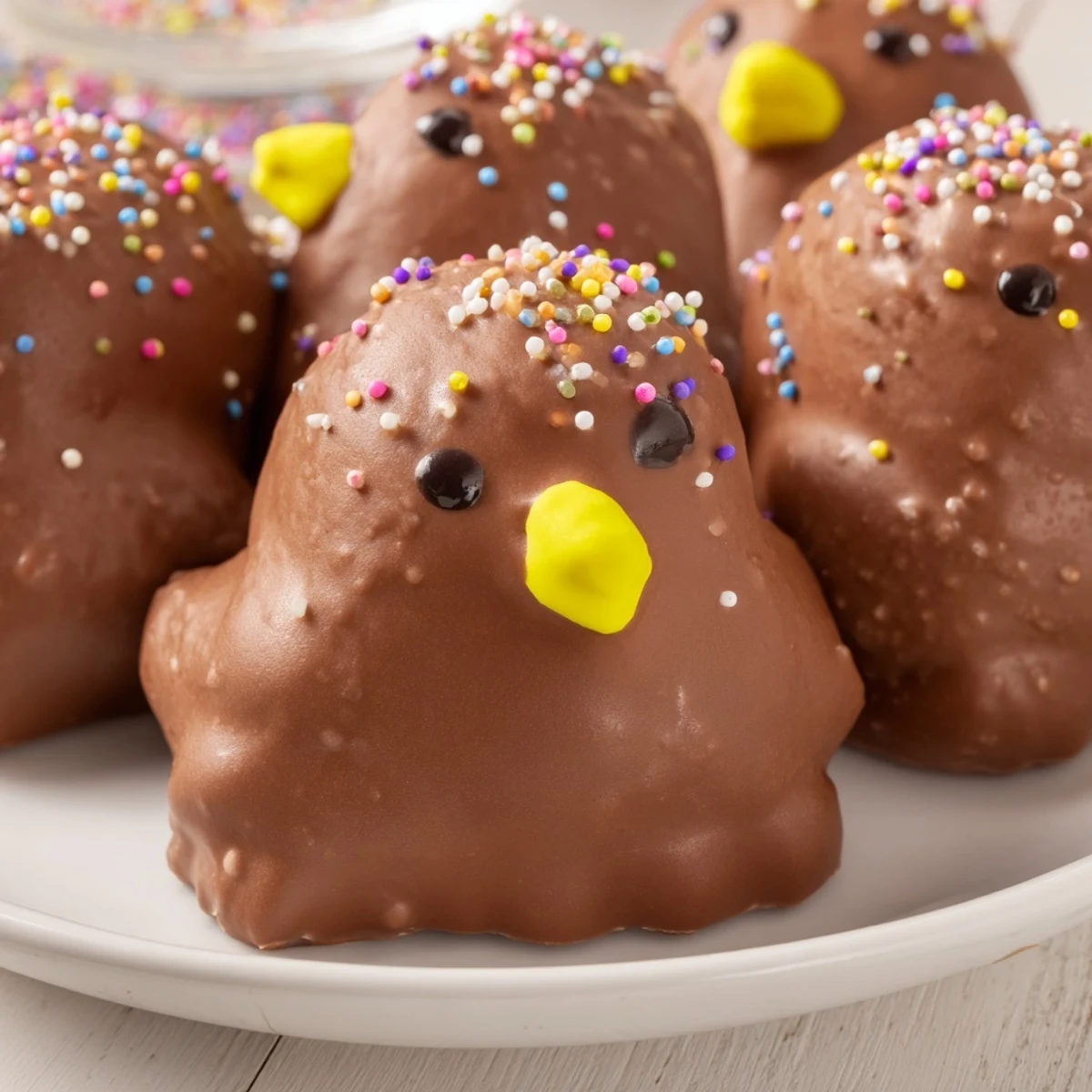 Close-up of Chocolate Covered Marshmallow Peeps stacked and drizzled on parchment.