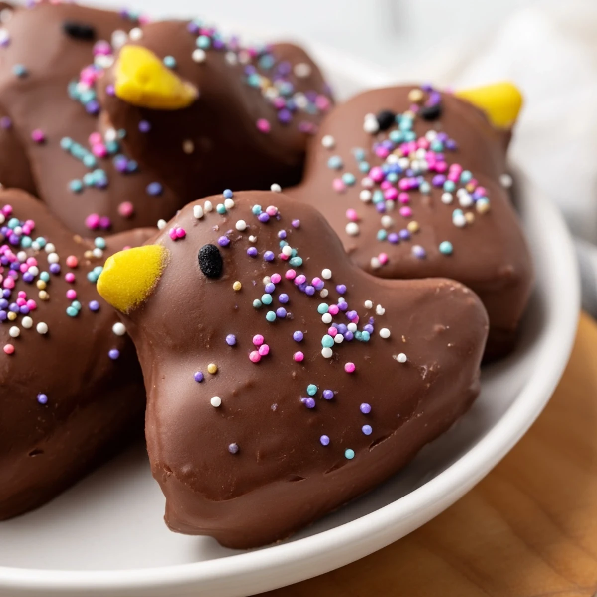 Hand dipping Chocolate Covered Marshmallow Peeps into glossy melted chocolate bowl.
