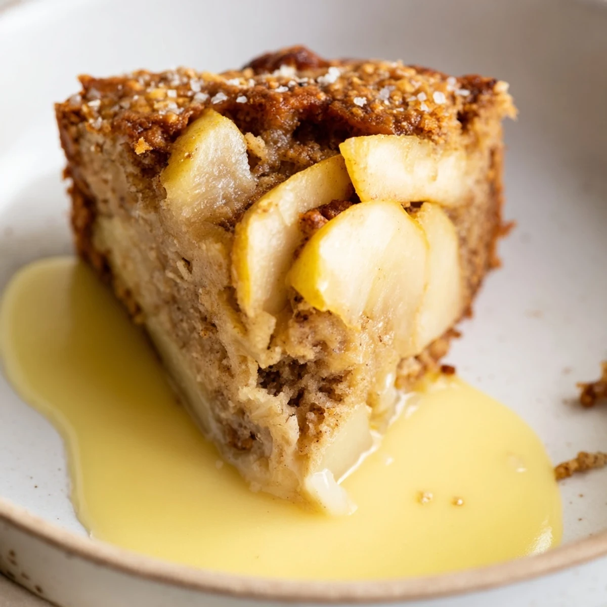 A slice of Irish Apple Cake with Custard, featuring tender tart apples and a warm, spiced cake topped with rich vanilla sauce.