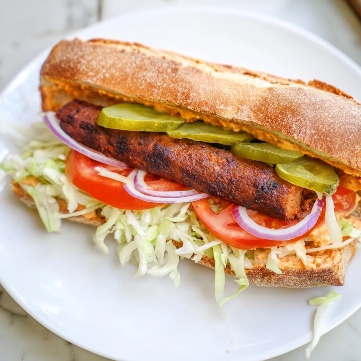 Grilled Cajun Beef Sausage Po Boy Sandwiches showcase a charred sausage piled high with crisp lettuce and ripe tomato slices on a toasted baguette.