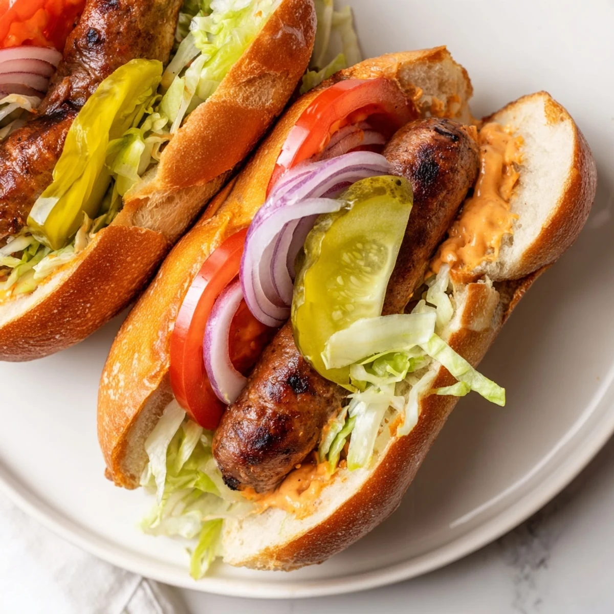 Golden toasted baguettes cradle the Grilled Cajun Beef Sausage Po Boy Sandwiches, layered with pickles, red onion, and creamy remoulade sauce.
