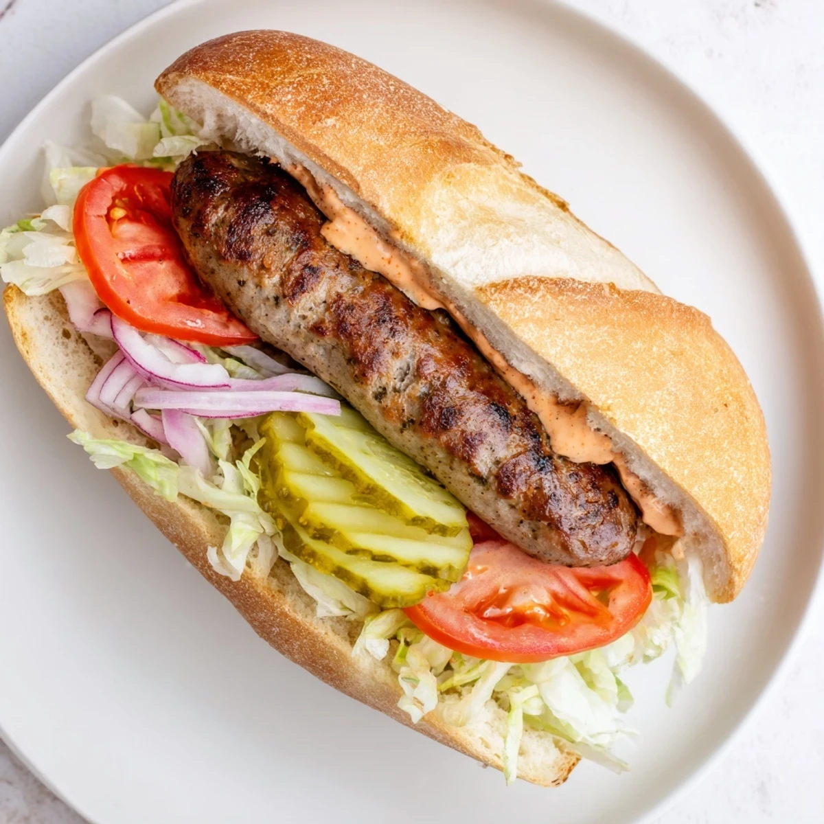 Freshly grilled Cajun beef sausage fills these Po Boy Sandwiches, garnished with shredded lettuce, juicy tomatoes, and tangy pickles for a Louisiana-inspired lunch.