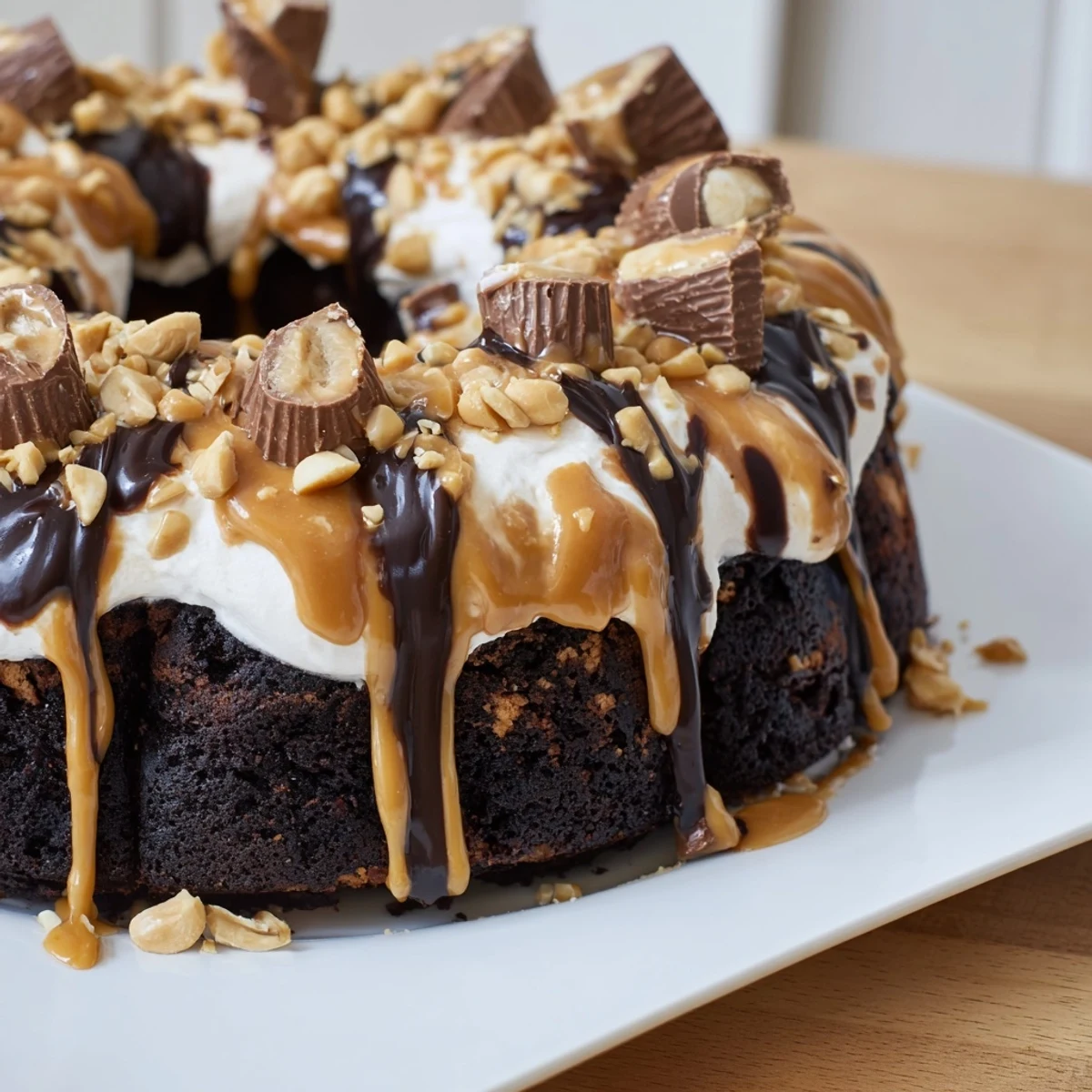 A slice of Chocolate Peanut Butter Poke Cake shows moist chocolate layers and creamy filling.