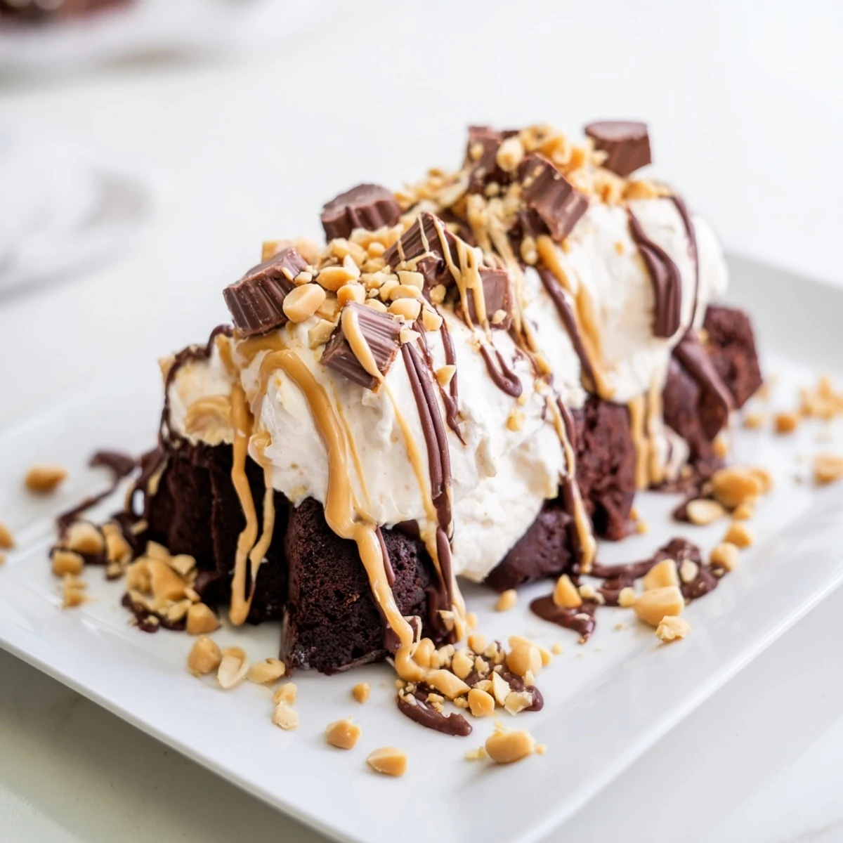 Serving suggestion of Chocolate Peanut Butter Poke Cake with whipped cream and peanut garnish.