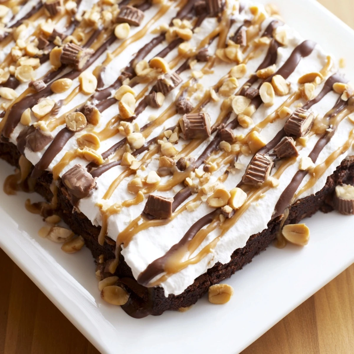 Close-up view of Chocolate Peanut Butter Poke Cake with chocolate drizzle on a dessert plate.