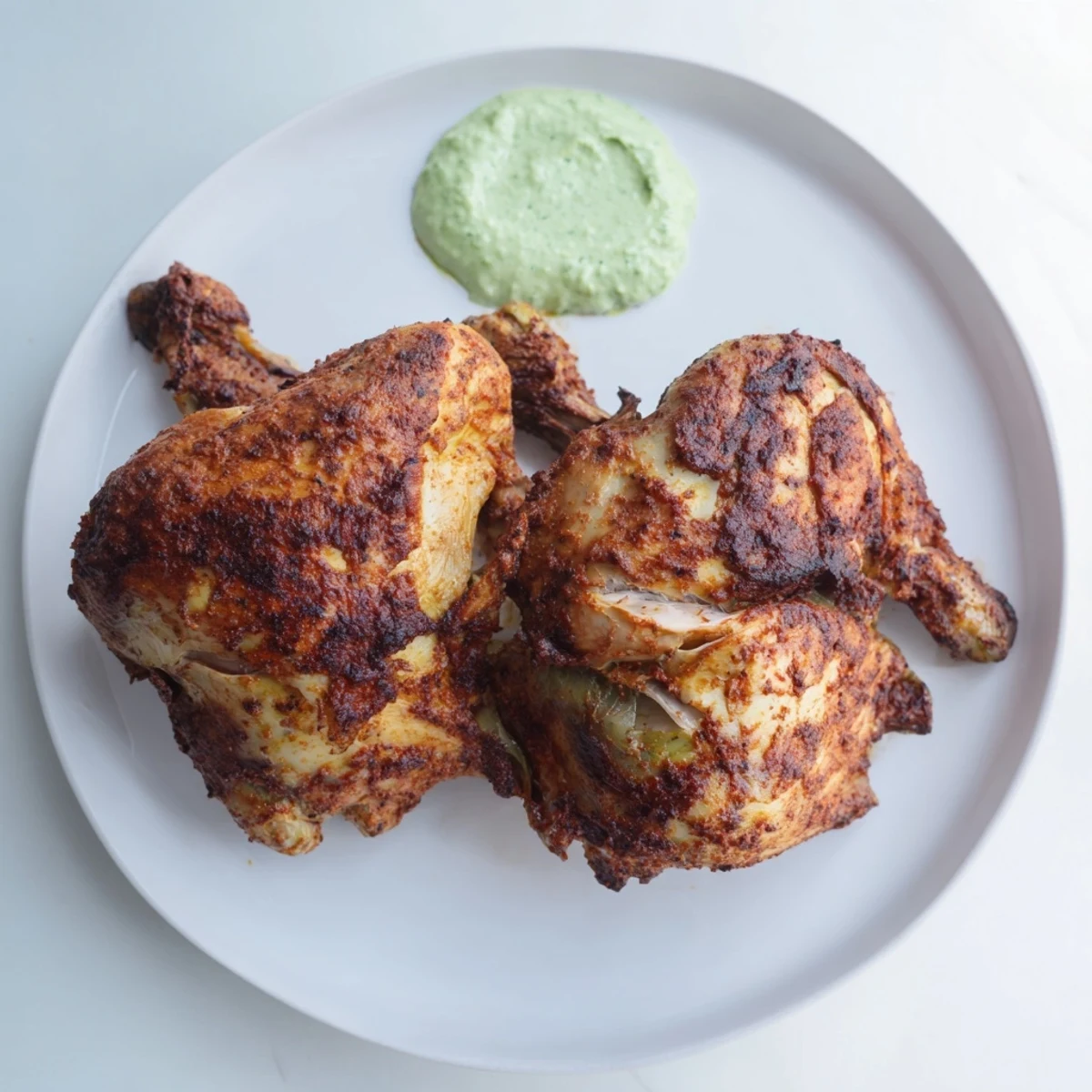 Golden-brown Peruvian Roast Chicken with Creamy Green Sauce glistens on a rustic wooden board, garnished with fresh cilantro.
