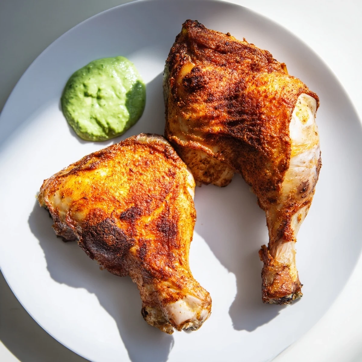 Sliced Peruvian Roast Chicken with Creamy Green Sauce shows juicy, spice-rubbed meat next to a vibrant green dipping sauce.
