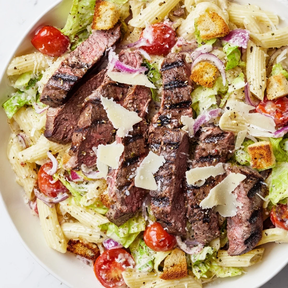 A serving bowl of Flavorful Steak Caesar Pasta Salad features vibrant cherry tomatoes and red onion slices.