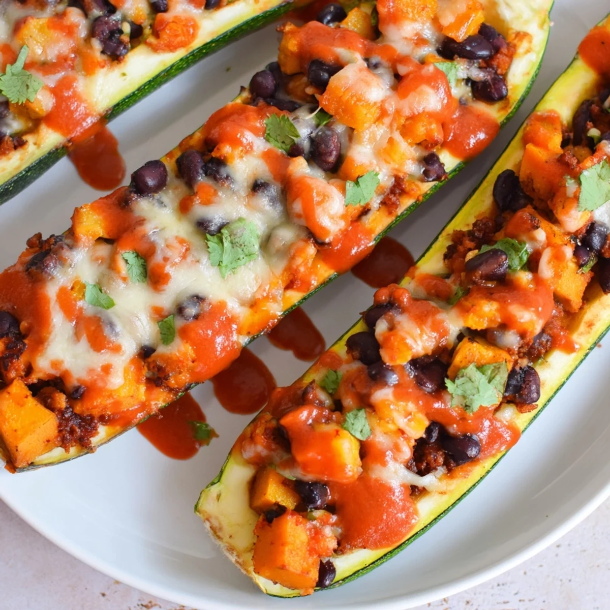 Steam rises gently from the baked Black Bean and Butternut Squash Enchilada Boats, highlighting the bubbly red sauce and fresh avocado garnish on top.