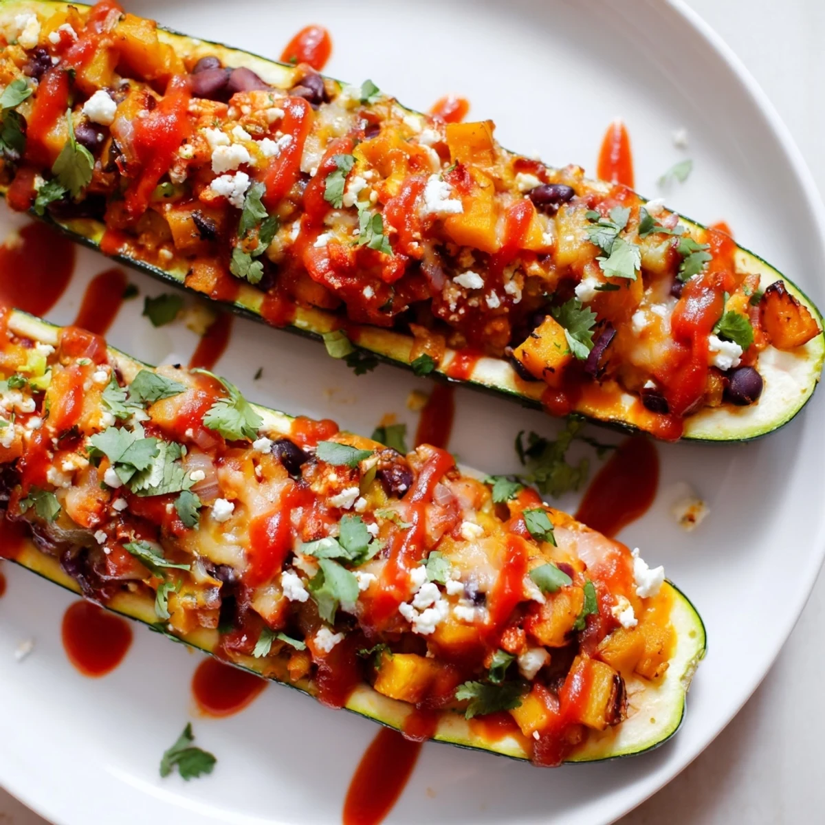 Golden roasted Black Bean and Butternut Squash Enchilada Boats rest on a platter, their zucchini halves overflowing with a vibrant filling and melted cheese.