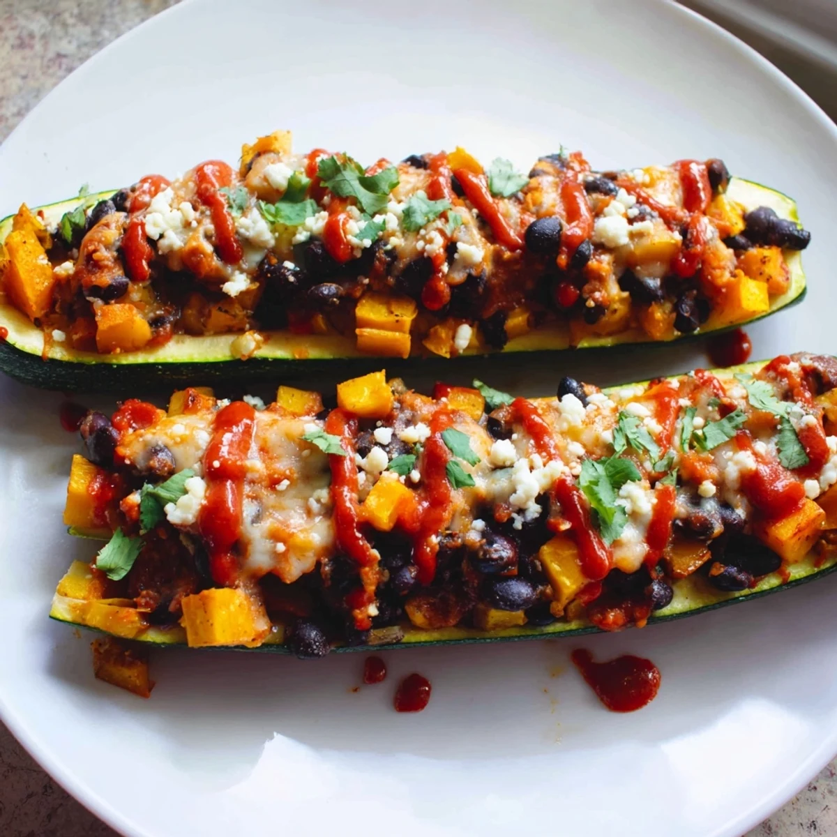 A close-up view of a cut Black Bean and Butternut Squash Enchilada Boat shows the layered textures of beans, squash, and melty cheese inside.