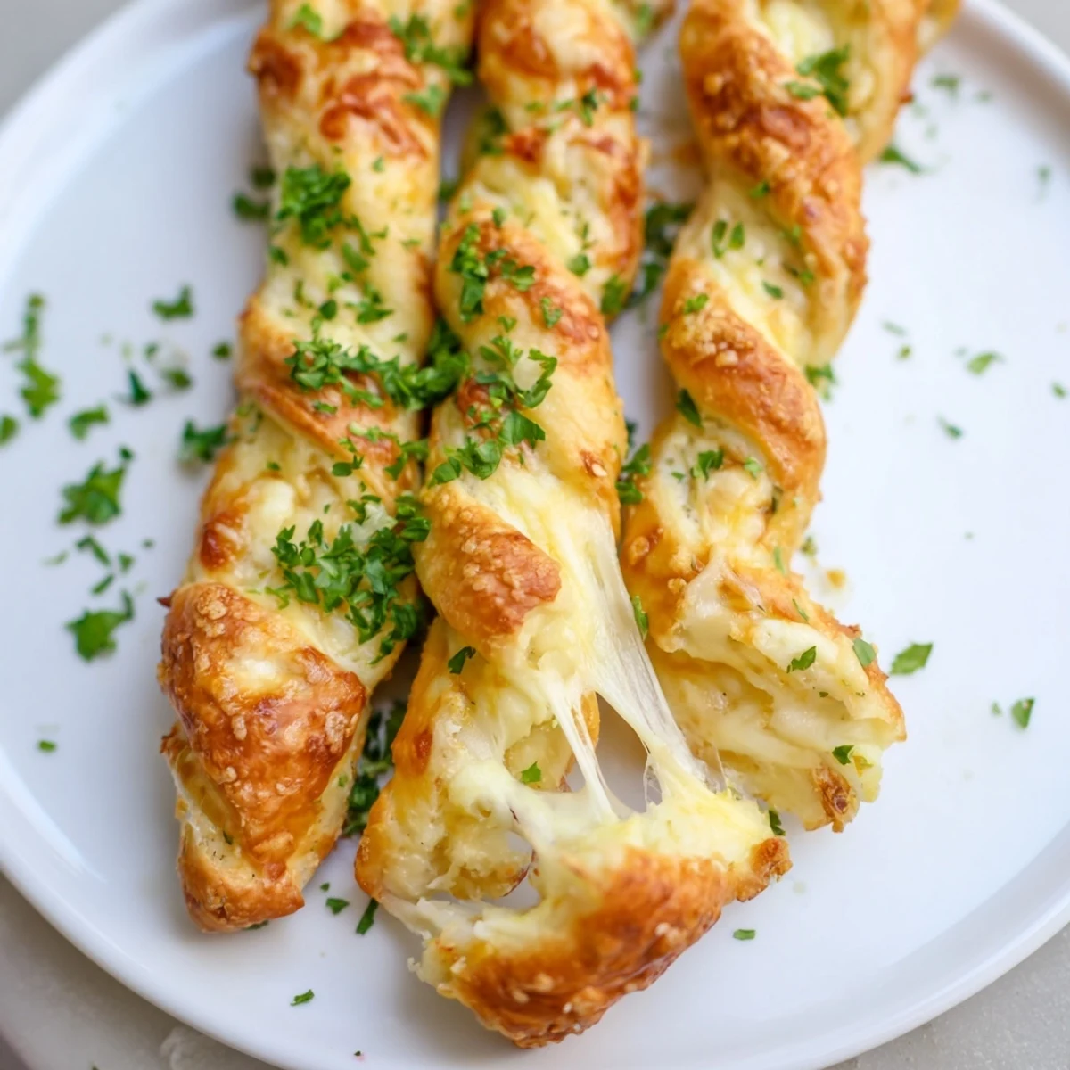 Freshly air fried Crispy Air Fryer Pizza Cheese Bread Twists with melted mozzarella and herbs.