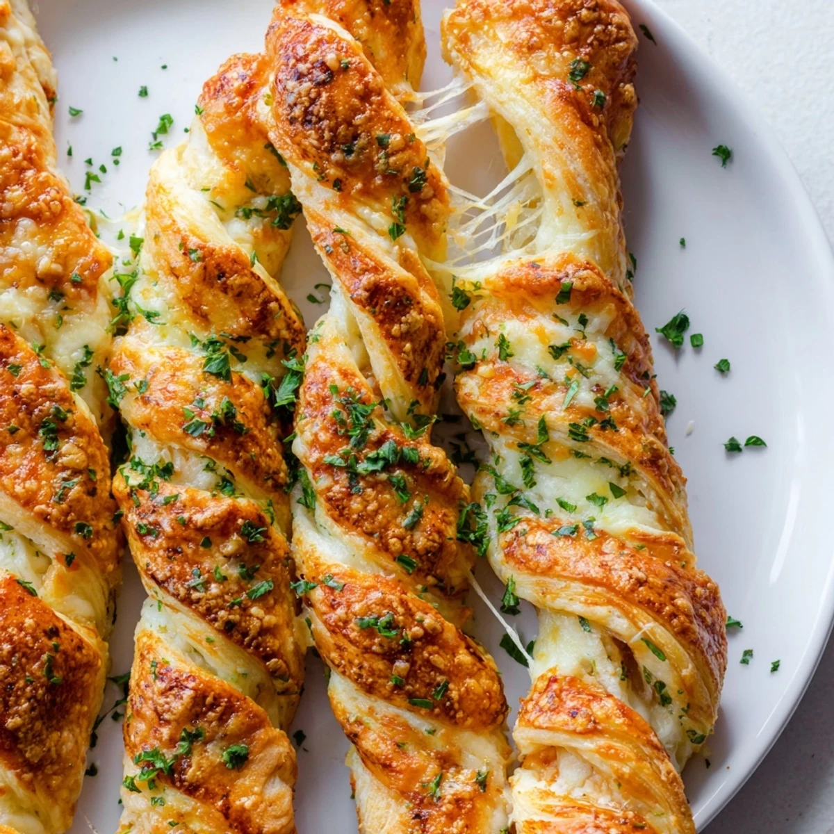 Close up of cheesy Crispy Air Fryer Pizza Cheese Bread Twists brushed with garlic butter.