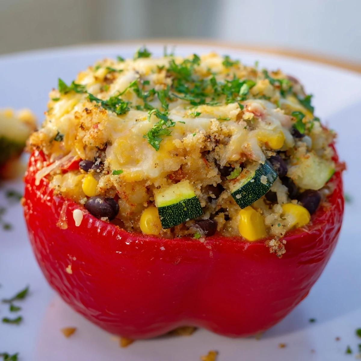 Golden baked Cajun Potato Stuffed Bell Peppers sit beside a crisp salad on a white plate, showcasing vibrant colors and textures.