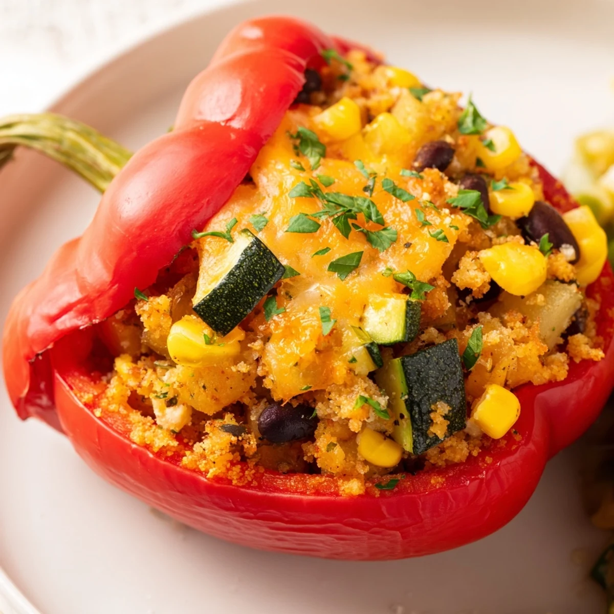 Sizzling Cajun Potato Stuffed Bell Peppers fresh from the oven, their tender skins bulging with savory potato, corn, and bean filling.