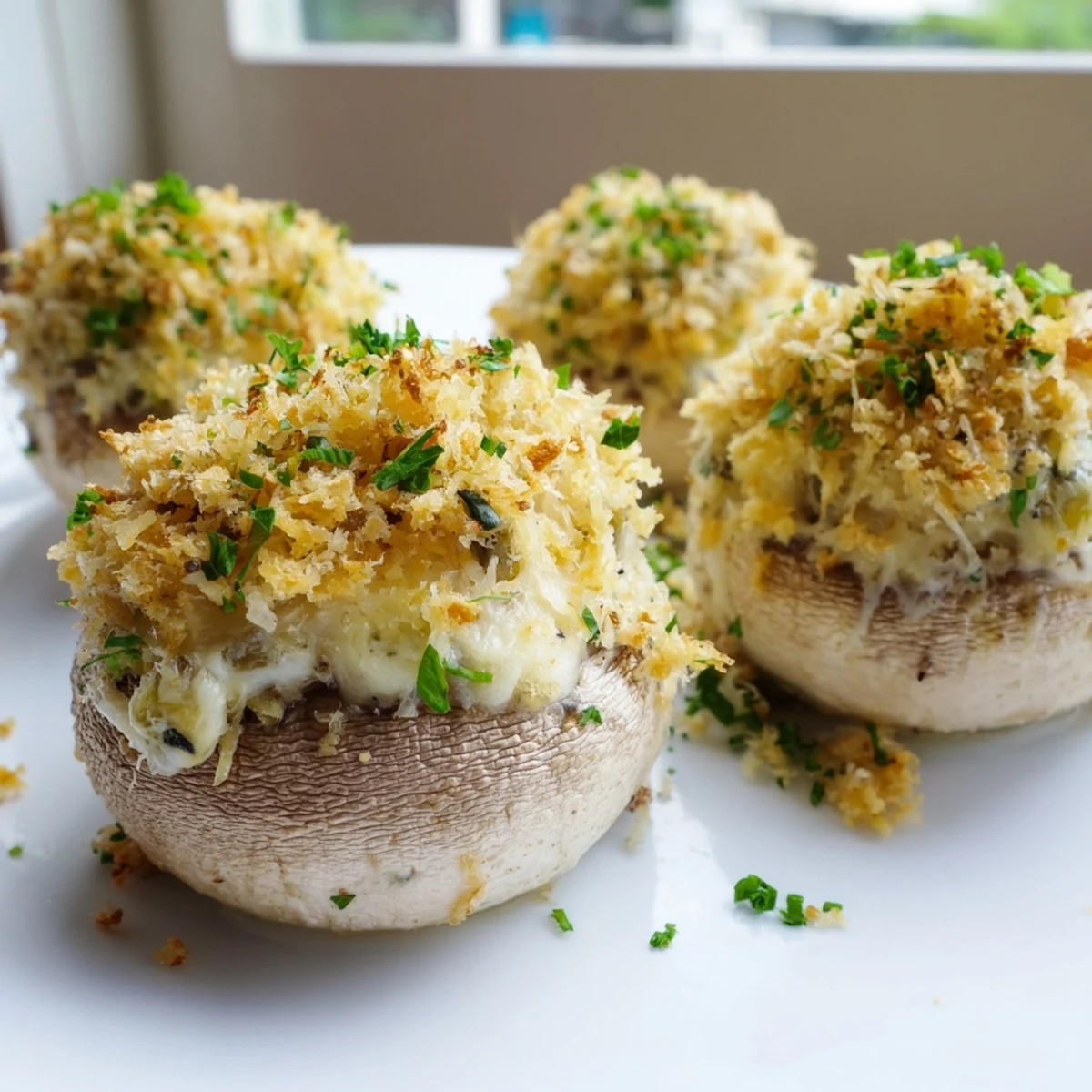 Golden-brown Mozzarella Popper Stuffed Mushrooms fresh from the oven, filled with creamy cheddar and spices.