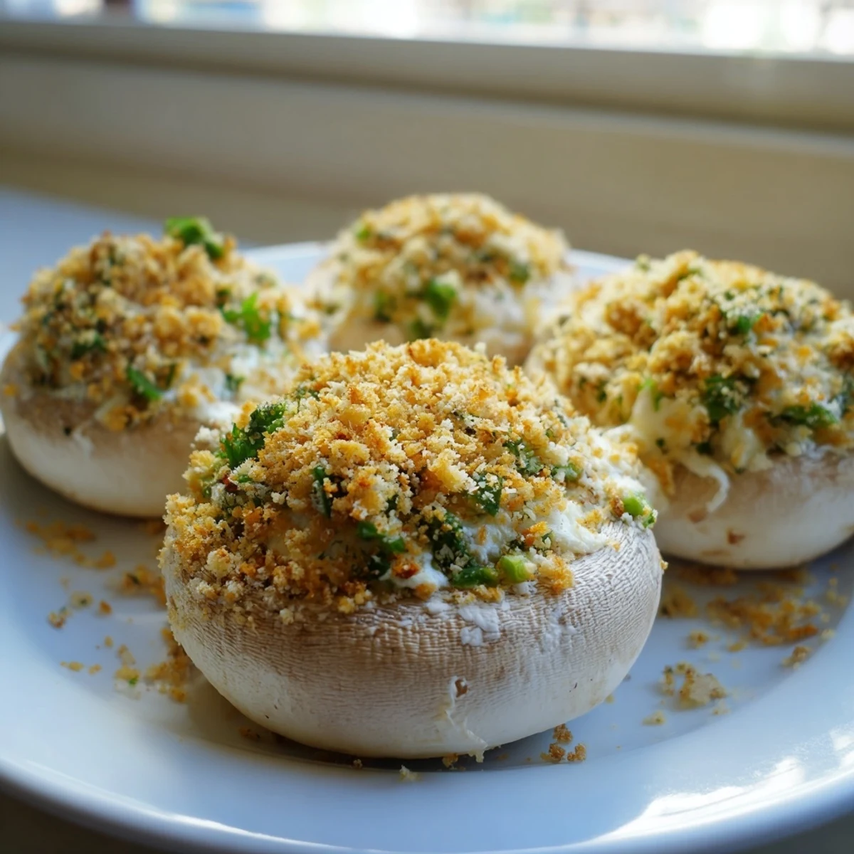 Close-up of Mozzarella Popper Stuffed Mushrooms showcasing melted cheese and a golden, crispy finish.