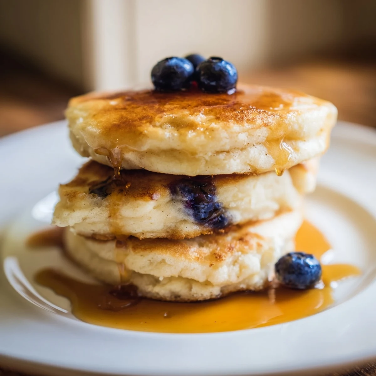 Stack of golden-brown Sourdough Discard Pancakes topped with fresh berries and a drizzle of maple syrup for a delicious breakfast.