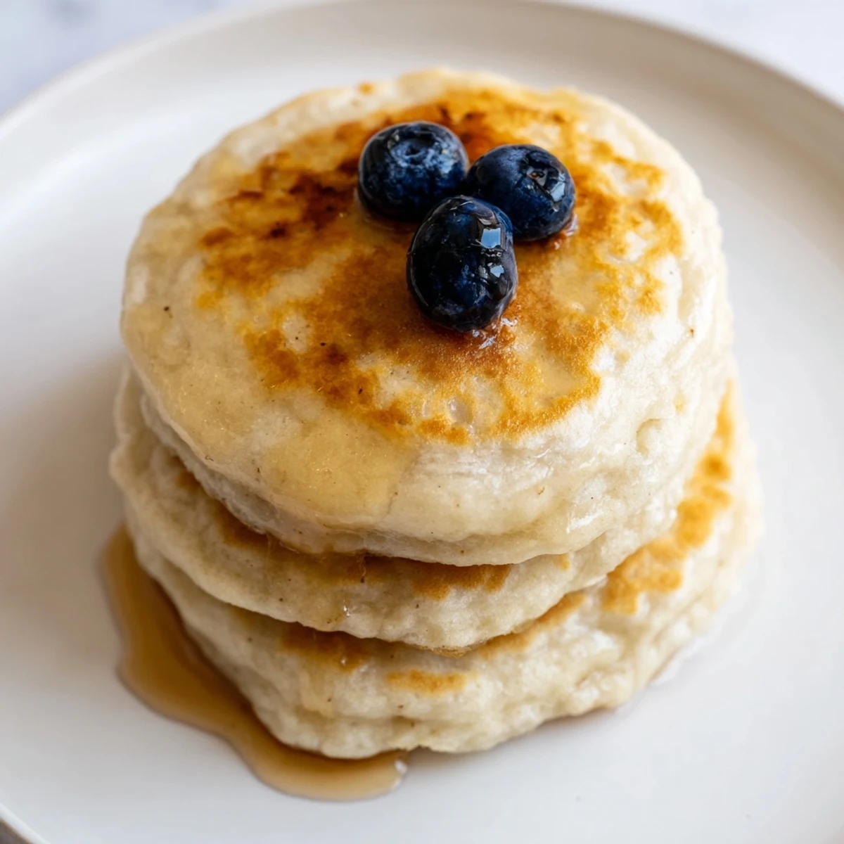 Fluffy Sourdough Discard Pancakes served warm on a plate with butter and a glass of milk on a rustic table.