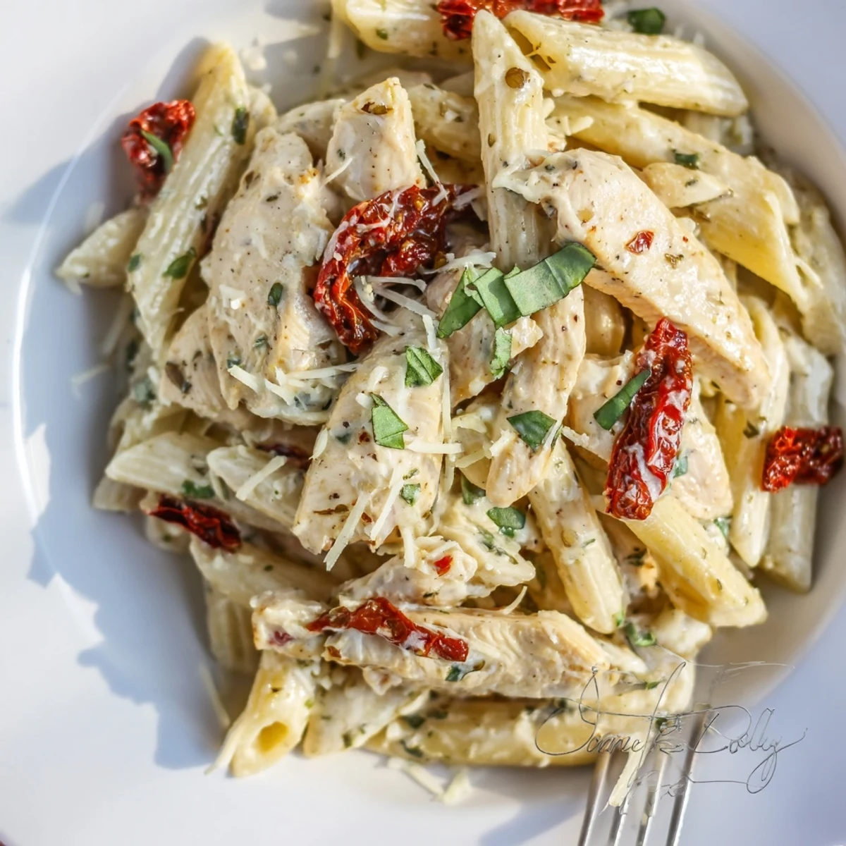 Marry Me Garlic Parmesan Chicken Pasta twirled on a fork over a dinner plate, steam rising from the rich, garlicky sauce.