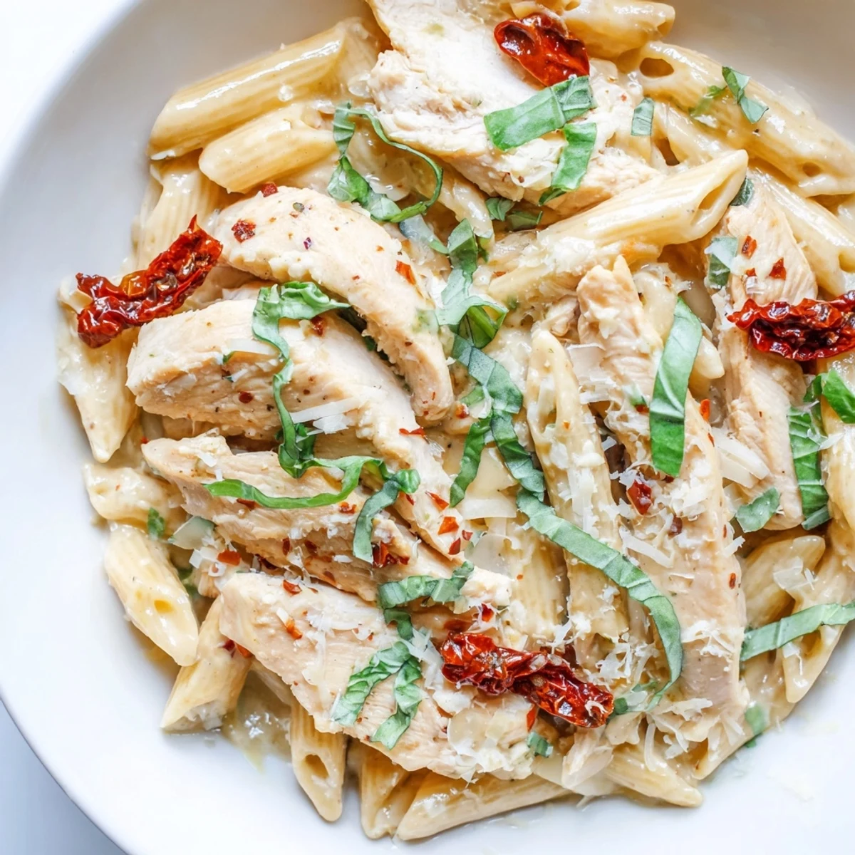 Overhead view of Marry Me Garlic Parmesan Chicken Pasta in a skillet, garnished with fresh basil and extra Parmesan cheese.