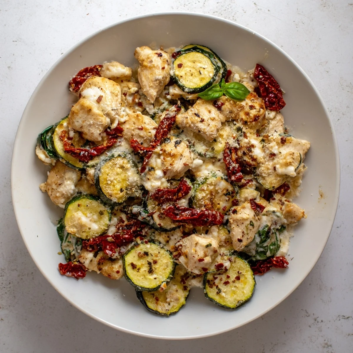 Marry Me Mediterranean Chicken Zucchini Bake served in a rustic baking dish.