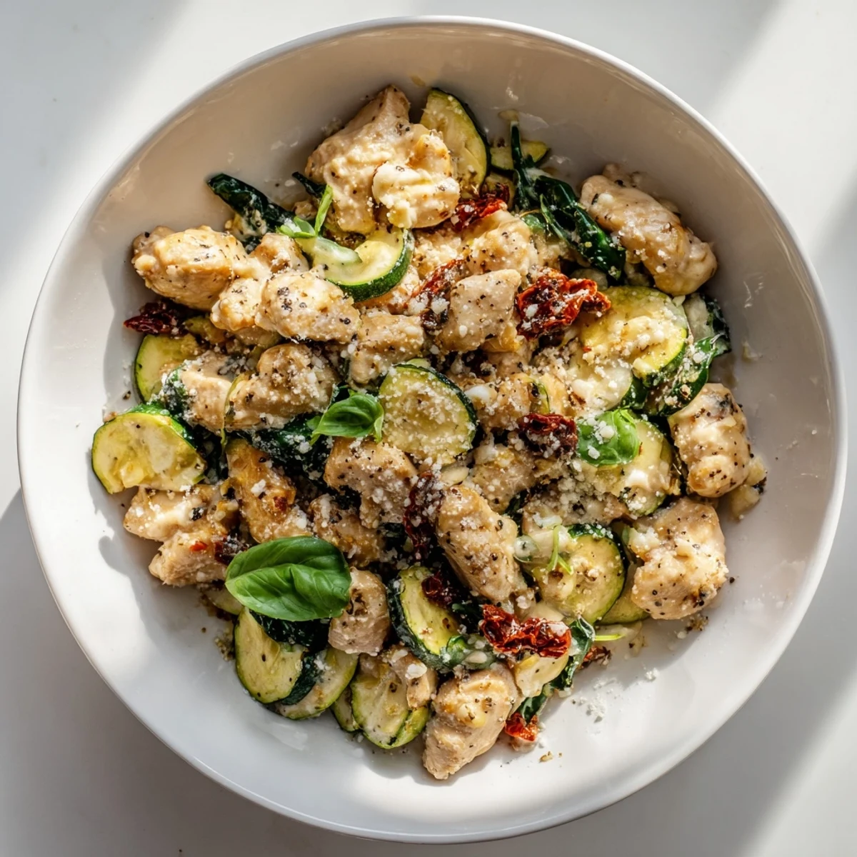 Golden, bubbly Marry Me Mediterranean Chicken Zucchini Bake fresh from the oven.