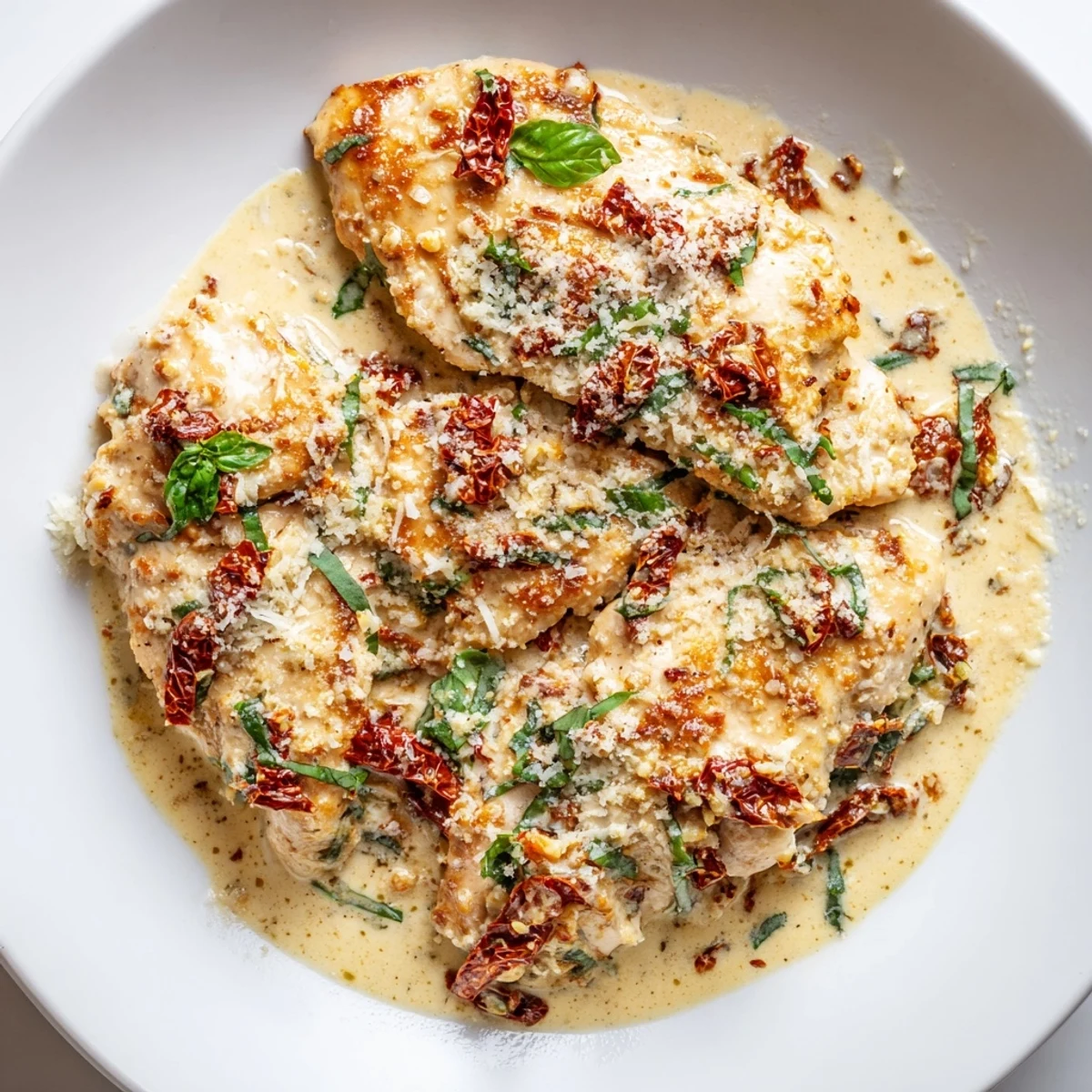 A close-up of tender chicken pieces coated in a rich Parmesan cream sauce with sliced sun-dried tomatoes, ideal for a romantic dinner. This Marry Me One Pan Chicken in Sun-Dried Tomato Cream Sauce looks incredibly savory.