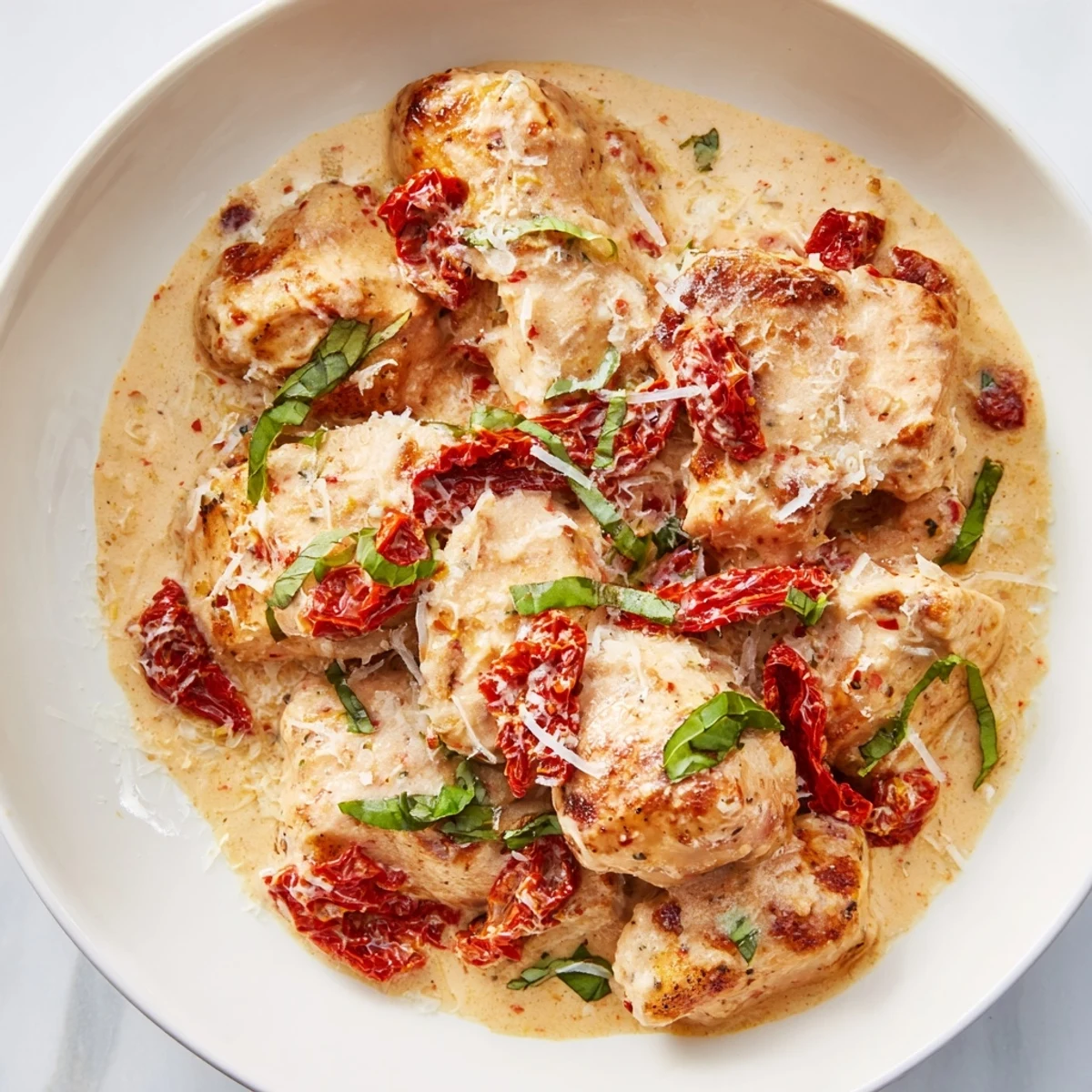 Steam rises from a single skillet holding juicy chicken breasts smothered in a thick, creamy tomato and herb sauce. The Marry Me One Pan Chicken in Sun-Dried Tomato Cream Sauce is garnished with fresh basil.
