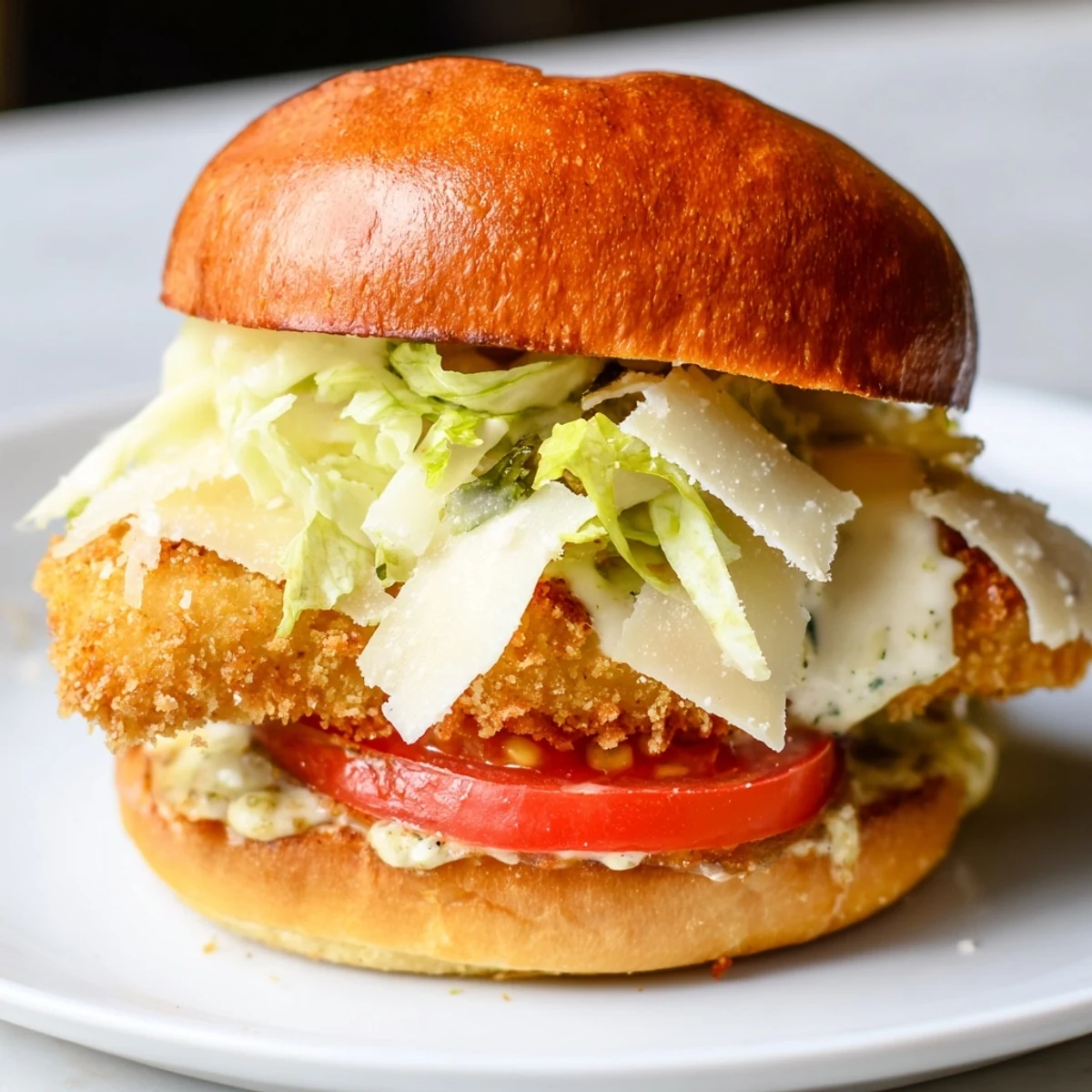 Golden crispy chicken fillet topped with fresh romaine and shaved Parmesan, drizzled with creamy Caesar dressing inside a toasted brioche bun.