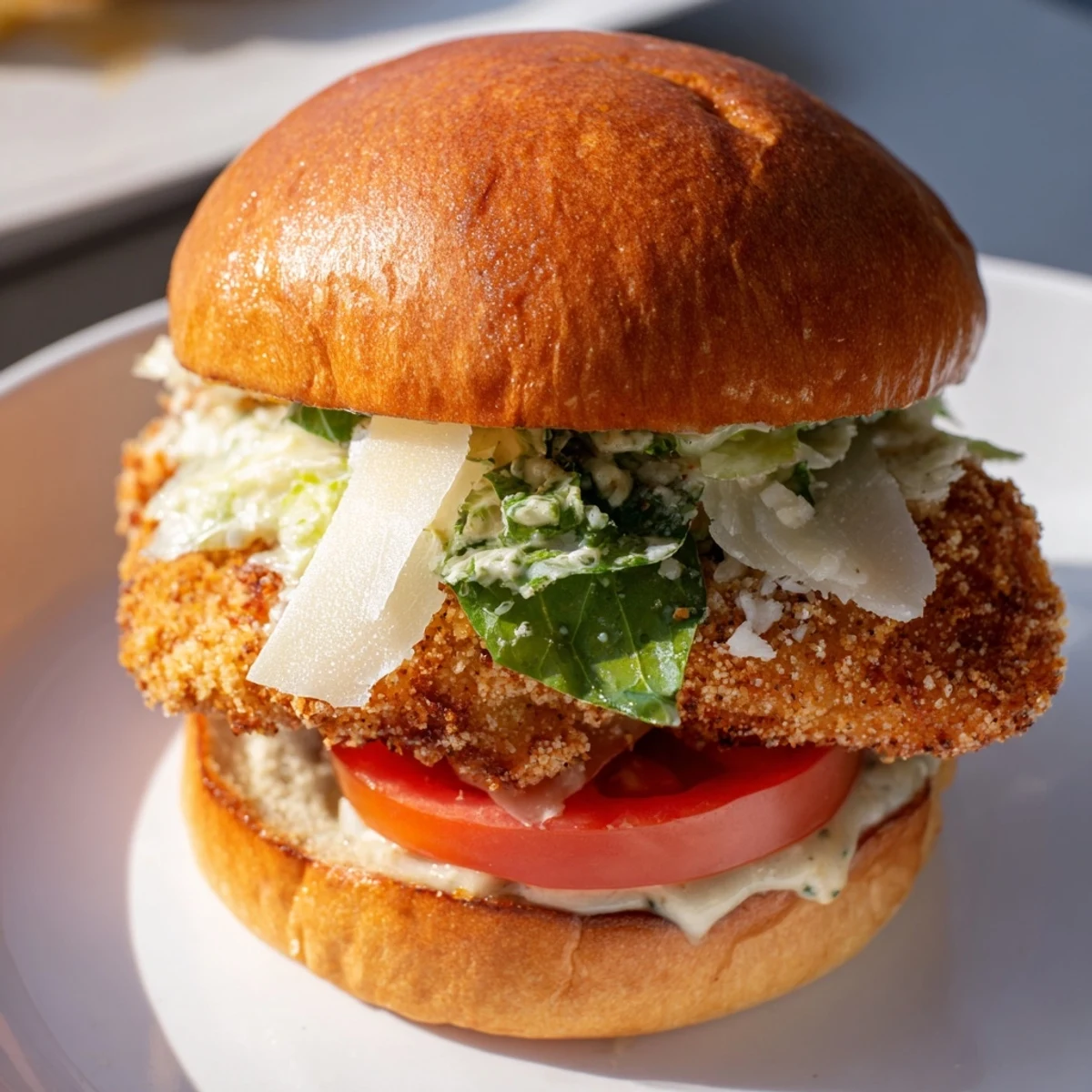 Close-up of a Marry Me Crispy Chicken Caesar Sandwich featuring golden fried chicken, creamy Caesar, and fresh lettuce on a toasted sandwich bun.