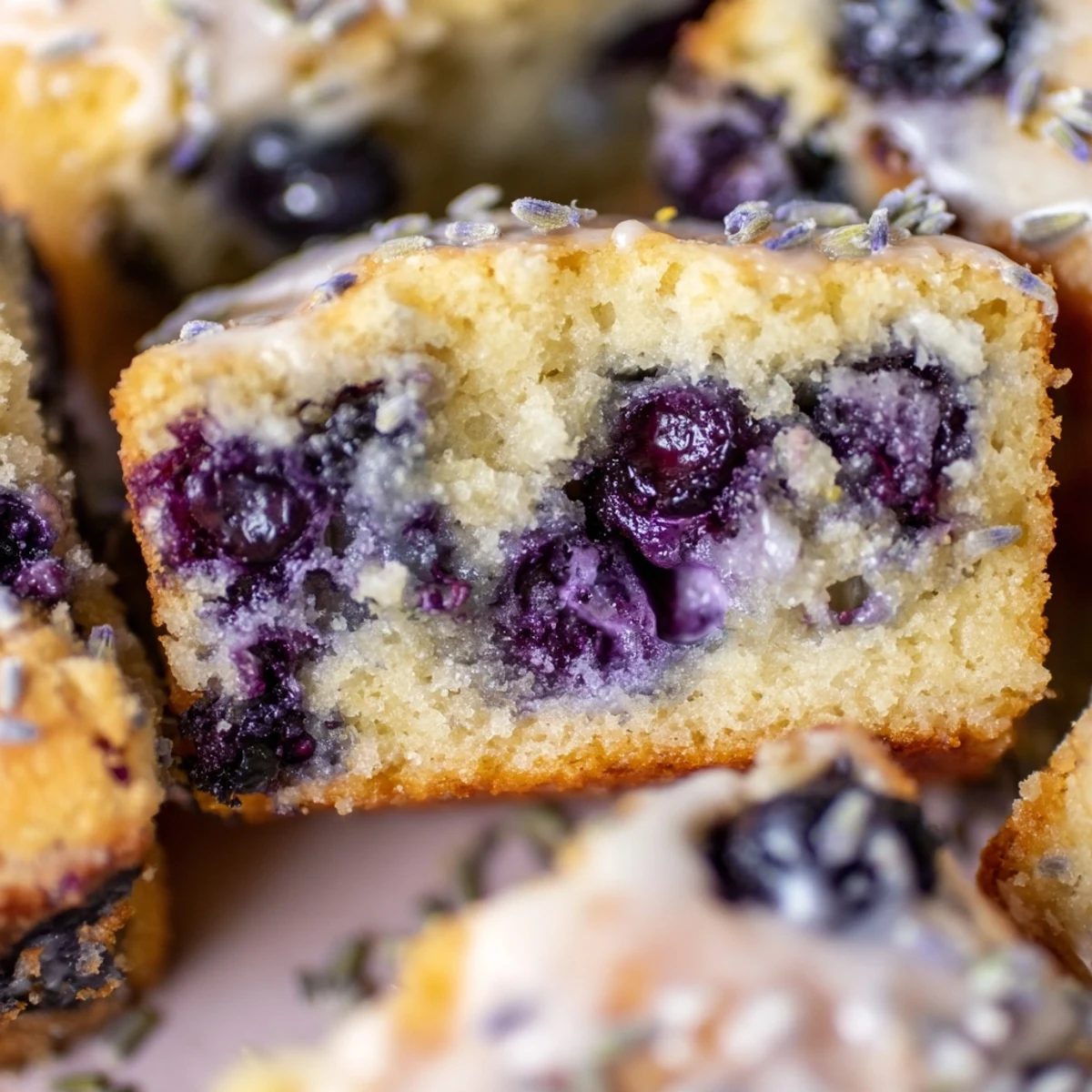 Freshly baked Lavender Blueberry Tea Cakes cooling on a wire rack, showcasing the bursting blueberries and crumbly texture.