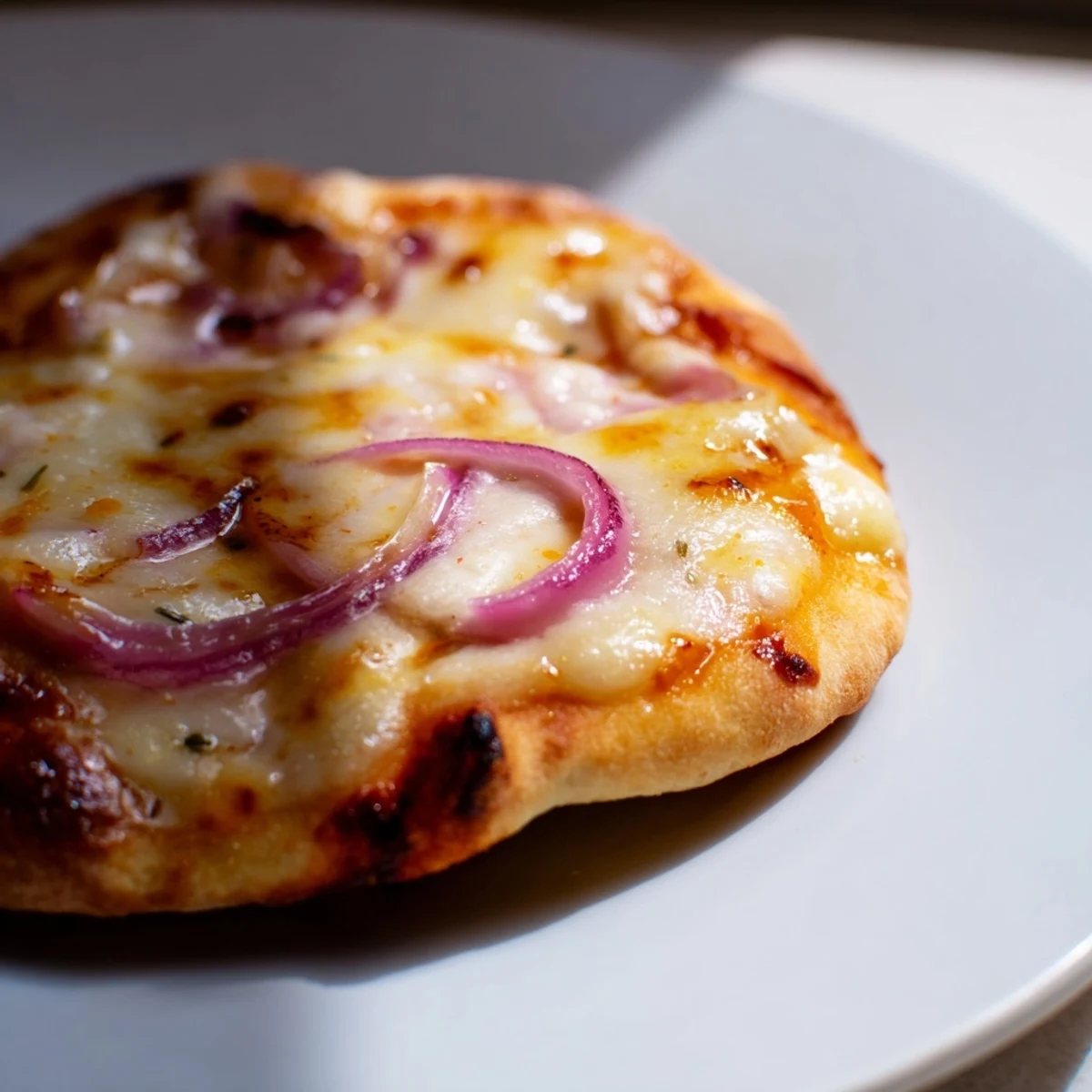 Golden, bubbly mozzarella and roasted red bell peppers top a crispy flatbread pizza brushed with sweet heat honey garlic sauce, garnished with fresh cilantro and jalapeño slices.