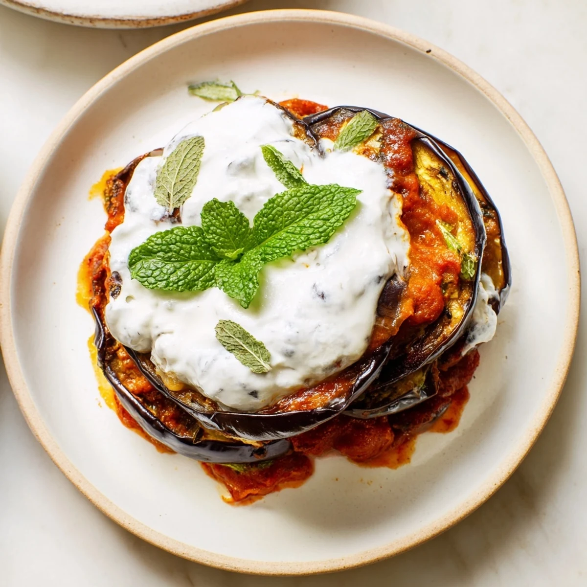 Golden fried eggplant rounds layered with spiced tomato sauce in Borani Banjan.