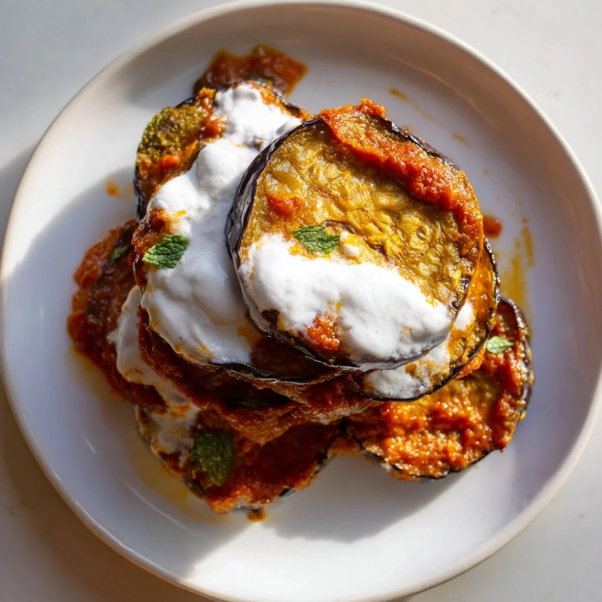Creamy Greek yogurt topping on savory Borani Banjan served with Afghan bread.